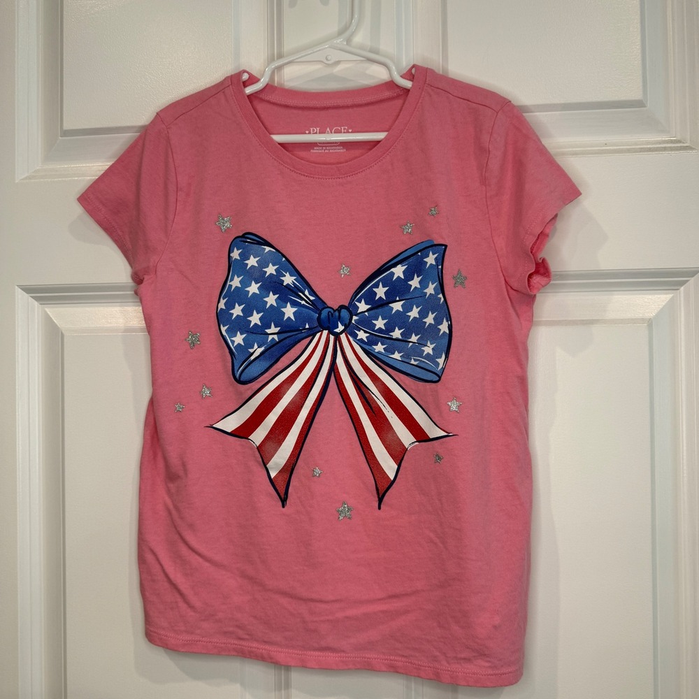 The Childrens Place Girls Patriotic American Flag Bow Glitter T-Shirt Size 7/8